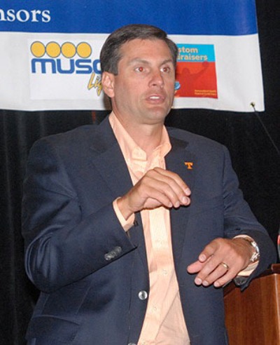 Derek Dooley, University of Tennessee football coach, addresses the Football Coaching School Thursday morning. (Photo special to AHSAA)