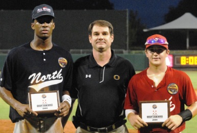 All-Star baseball MVPs are Jameis Winston (left) of Hueytown (North), Coaches Association officer John Grass of Oxford High School and Kyler Deese of Auburn (South). (Photo special to AHSAA)
