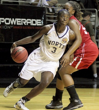 North MVP Jasmine Jones (3) of Bob Jones drives around Jasmine Lee of Flomaton in North victory. (Photo courtesy creativefx)