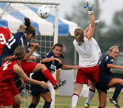 Action aplenty at the goal during the girls soccer match. (Photo courtesy creativefx)