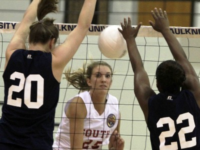 North MVP Catherine Leak (20) and Andrea Matthews defend the return by South MVP Mattie Weldy of Baker. (Photo courtesy creativefx)